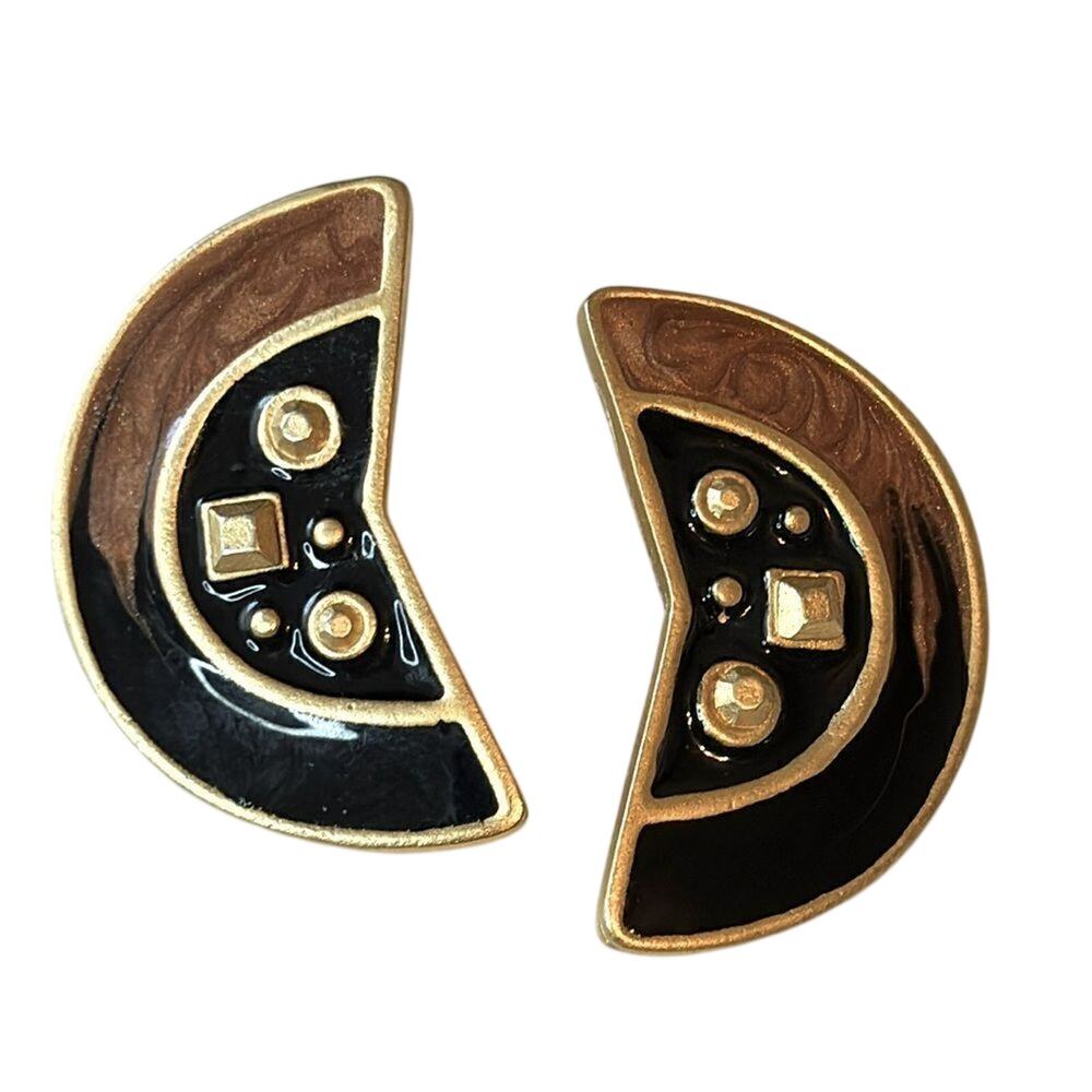 Retro Abstract Enamel Earrings Black Gold Tone Art Deco Style